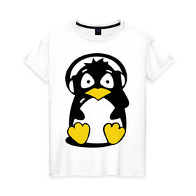 Женская футболка хлопок с принтом Пингвин в наушниках , 100% хлопок | прямой крой, круглый вырез горловины, длина до линии бедер, слегка спущенное плечо | животные | пингвиненок | пингвинчик | прикольные картинки