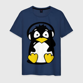 Мужская футболка хлопок с принтом Пингвин в наушниках , 100% хлопок | прямой крой, круглый вырез горловины, длина до линии бедер, слегка спущенное плечо. | животные | пингвиненок | пингвинчик | прикольные картинки