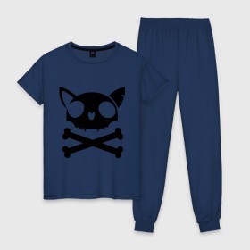 Женская пижама хлопок с принтом кошачий пиратскй флаг , 100% хлопок | брюки и футболка прямого кроя, без карманов, на брюках мягкая резинка на поясе и по низу штанин | кости | кошачий пиратский флаг | пиратский флаг | череп | череп кошки