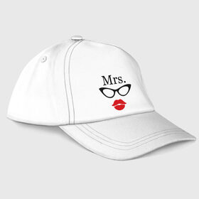 Бейсболка с принтом Миссис (парная) , 100% хлопок | классический козырек, металлическая застежка-регулятор размера | Тематика изображения на принте: mrs | губы | для двоих | миссис | очки | парные