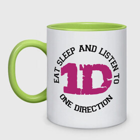 Кружка двухцветная с принтом Eat sleep and One Direction , керамика | объем — 330 мл, диаметр — 80 мм. Цветная ручка и кайма сверху, в некоторых цветах — вся внутренняя часть | 