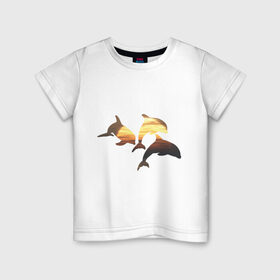 Детская футболка хлопок с принтом Дельфины на закате (2) , 100% хлопок | круглый вырез горловины, полуприлегающий силуэт, длина до линии бедер | дельфин | дельфины | дельфины на закате | закат | красивые дельфины | рыбы