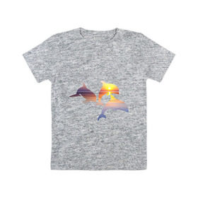 Детская футболка хлопок с принтом Дельфины на закате , 100% хлопок | круглый вырез горловины, полуприлегающий силуэт, длина до линии бедер | дельфин | дельфины | дельфины на закате | закат | красивые дельфины | рыбы