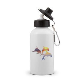 Бутылка спортивная с принтом Дельфины на закате , металл | емкость — 500 мл, в комплекте две пластиковые крышки и карабин для крепления | дельфин | дельфины | дельфины на закате | закат | красивые дельфины | рыбы