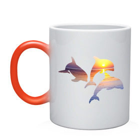 Кружка хамелеон с принтом Дельфины на закате , керамика | меняет цвет при нагревании, емкость 330 мл | Тематика изображения на принте: дельфин | дельфины | дельфины на закате | закат | красивые дельфины | рыбы