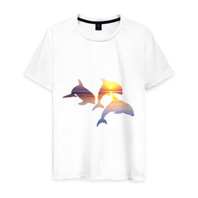 Мужская футболка хлопок с принтом Дельфины на закате , 100% хлопок | прямой крой, круглый вырез горловины, длина до линии бедер, слегка спущенное плечо. | Тематика изображения на принте: дельфин | дельфины | дельфины на закате | закат | красивые дельфины | рыбы