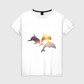 Женская футболка хлопок с принтом Дельфины на закате , 100% хлопок | прямой крой, круглый вырез горловины, длина до линии бедер, слегка спущенное плечо | дельфин | дельфины | дельфины на закате | закат | красивые дельфины | рыбы