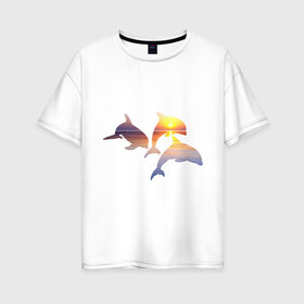 Женская футболка хлопок Oversize с принтом Дельфины на закате , 100% хлопок | свободный крой, круглый ворот, спущенный рукав, длина до линии бедер
 | дельфин | дельфины | дельфины на закате | закат | красивые дельфины | рыбы