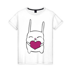 Женская футболка хлопок с принтом Зайка с сердцем , 100% хлопок | прямой крой, круглый вырез горловины, длина до линии бедер, слегка спущенное плечо | животные | зайчик | заяц | сердце