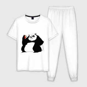 Мужская пижама хлопок с принтом Жирная панда , 100% хлопок | брюки и футболка прямого кроя, без карманов, на брюках мягкая резинка на поясе и по низу штанин
 | панда