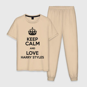Мужская пижама хлопок с принтом Keep calm and love Harry Styles , 100% хлопок | брюки и футболка прямого кроя, без карманов, на брюках мягкая резинка на поясе и по низу штанин
 | Тематика изображения на принте: 1d | harry styles | keep calm | music | one direction | гарри стайлс