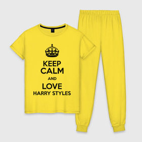Женская пижама хлопок с принтом Keep calm and love Harry Styles , 100% хлопок | брюки и футболка прямого кроя, без карманов, на брюках мягкая резинка на поясе и по низу штанин | Тематика изображения на принте: 1d | harry styles | keep calm | music | one direction | гарри стайлс