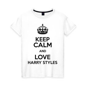 Женская футболка хлопок с принтом Keep calm and love Harry Styles , 100% хлопок | прямой крой, круглый вырез горловины, длина до линии бедер, слегка спущенное плечо | 1d | harry styles | keep calm | music | one direction | гарри стайлс