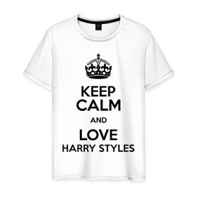 Мужская футболка хлопок с принтом Keep calm and love Harry Styles , 100% хлопок | прямой крой, круглый вырез горловины, длина до линии бедер, слегка спущенное плечо. | Тематика изображения на принте: 1d | harry styles | keep calm | music | one direction | гарри стайлс