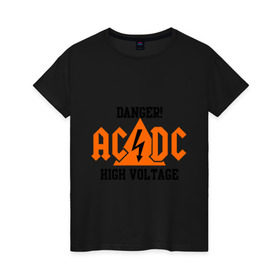 Женская футболка хлопок с принтом ADCD high voltage , 100% хлопок | прямой крой, круглый вырез горловины, длина до линии бедер, слегка спущенное плечо | Тематика изображения на принте: acdc | rock | блюз рок | рок | рок группа | рок н ролл | хард рок | эйсидиси