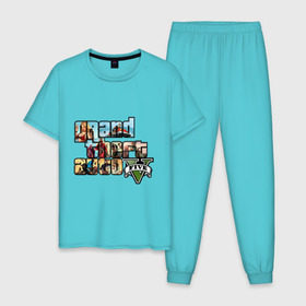 Мужская пижама хлопок с принтом GTA 5 , 100% хлопок | брюки и футболка прямого кроя, без карманов, на брюках мягкая резинка на поясе и по низу штанин
 | five | grand theft auto | gta | gta 5 | logo | гта | гта пять | лого | логотип