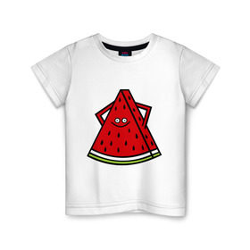 Детская футболка хлопок с принтом Веселый арбуз , 100% хлопок | круглый вырез горловины, полуприлегающий силуэт, длина до линии бедер | Тематика изображения на принте: еда | рожица | смайлик | улыбка | улыбочка | фрукты