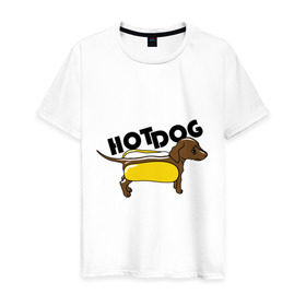 Мужская футболка хлопок с принтом Hot dog , 100% хлопок | прямой крой, круглый вырез горловины, длина до линии бедер, слегка спущенное плечо. | Тематика изображения на принте: hot dog | булка | собака | собачка | хот дог