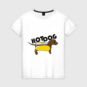 Женская футболка хлопок с принтом Hot dog , 100% хлопок | прямой крой, круглый вырез горловины, длина до линии бедер, слегка спущенное плечо | hot dog | булка | собака | собачка | хот дог