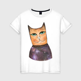 Женская футболка хлопок с принтом кот-космос , 100% хлопок | прямой крой, круглый вырез горловины, длина до линии бедер, слегка спущенное плечо | cat | cute | space | космос | кот | котейка | котик | мило