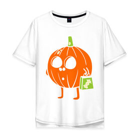 Мужская футболка хлопок Oversize с принтом Тыква с пакетом , 100% хлопок | свободный крой, круглый ворот, “спинка” длиннее передней части | Тематика изображения на принте: halloween | конфета | пакет | тыква | тыква с пакетом | тыковка | хэллоуин