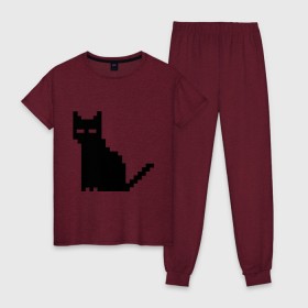 Женская пижама хлопок с принтом Пиксельный котик , 100% хлопок | брюки и футболка прямого кроя, без карманов, на брюках мягкая резинка на поясе и по низу штанин | 90 | cat | kitten | kitty | pixel | кот | котейка | котик | котики | пиксель