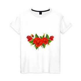 Женская футболка хлопок с принтом Розы на пояснице , 100% хлопок | прямой крой, круглый вырез горловины, длина до линии бедер, слегка спущенное плечо | девушкам | розы | украшение | цветы