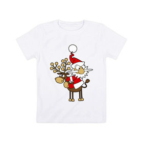 Детская футболка хлопок с принтом Санта на олене. , 100% хлопок | круглый вырез горловины, полуприлегающий силуэт, длина до линии бедер | happy | happy new year | new year | santa | santa clows | олень | рудольф | санта | санта клаус