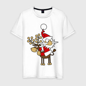 Мужская футболка хлопок с принтом Санта на олене. , 100% хлопок | прямой крой, круглый вырез горловины, длина до линии бедер, слегка спущенное плечо. | happy | happy new year | new year | santa | santa clows | олень | рудольф | санта | санта клаус