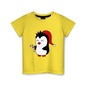 Детская футболка хлопок с принтом Новогодний пингвин. , 100% хлопок | круглый вырез горловины, полуприлегающий силуэт, длина до линии бедер | Тематика изображения на принте: пингвин