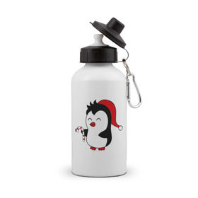 Бутылка спортивная с принтом Новогодний пингвин. , металл | емкость — 500 мл, в комплекте две пластиковые крышки и карабин для крепления | пингвин