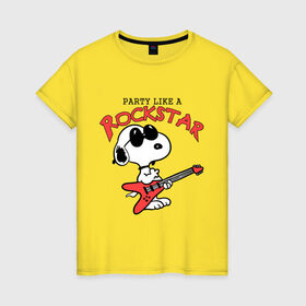 Женская футболка хлопок с принтом Snoopy Rockstar , 100% хлопок | прямой крой, круглый вырез горловины, длина до линии бедер, слегка спущенное плечо | гитара