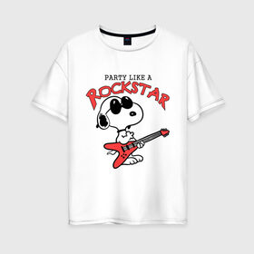 Женская футболка хлопок Oversize с принтом Snoopy Rockstar , 100% хлопок | свободный крой, круглый ворот, спущенный рукав, длина до линии бедер
 | гитара