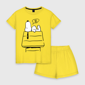 Женская пижама с шортиками хлопок с принтом Спящий Снупи , 100% хлопок | футболка прямого кроя, шорты свободные с широкой мягкой резинкой | snoopy | домик | мультфильм | снупи | собака | спящий снупи