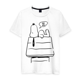 Мужская футболка хлопок с принтом Спящий Снупи , 100% хлопок | прямой крой, круглый вырез горловины, длина до линии бедер, слегка спущенное плечо. | snoopy | домик | мультфильм | снупи | собака | спящий снупи