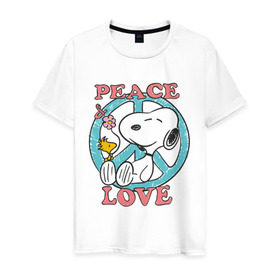 Мужская футболка хлопок с принтом Мир и любовь , 100% хлопок | прямой крой, круглый вырез горловины, длина до линии бедер, слегка спущенное плечо. | Тематика изображения на принте: snoopy | мир и любовь | мультфильм | снупи | собака