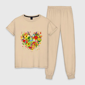 Женская пижама хлопок с принтом Сердце из полевых цветов , 100% хлопок | брюки и футболка прямого кроя, без карманов, на брюках мягкая резинка на поясе и по низу штанин | любовь | праздник | сердце из полевых цветов | счастье | цветы