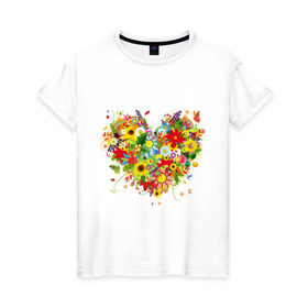 Женская футболка хлопок с принтом Сердце из полевых цветов , 100% хлопок | прямой крой, круглый вырез горловины, длина до линии бедер, слегка спущенное плечо | любовь | праздник | сердце из полевых цветов | счастье | цветы