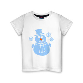Детская футболка хлопок с принтом Веселый снеговичек , 100% хлопок | круглый вырез горловины, полуприлегающий силуэт, длина до линии бедер | Тематика изображения на принте: веселый снеговичек | зима | новый год | снеговик | снеговичек | снежинка