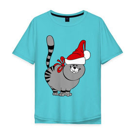 Мужская футболка хлопок Oversize с принтом Кот в шапке , 100% хлопок | свободный крой, круглый ворот, “спинка” длиннее передней части | киса | колпак | кот | кот в шапке | кошка | новый год | шапка