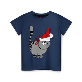 Детская футболка хлопок с принтом Кот в шапке , 100% хлопок | круглый вырез горловины, полуприлегающий силуэт, длина до линии бедер | киса | колпак | кот | кот в шапке | кошка | новый год | шапка