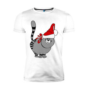Мужская футболка премиум с принтом Кот в шапке , 92% хлопок, 8% лайкра | приталенный силуэт, круглый вырез ворота, длина до линии бедра, короткий рукав | киса | колпак | кот | кот в шапке | кошка | новый год | шапка