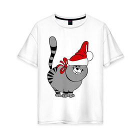 Женская футболка хлопок Oversize с принтом Кот в шапке , 100% хлопок | свободный крой, круглый ворот, спущенный рукав, длина до линии бедер
 | киса | колпак | кот | кот в шапке | кошка | новый год | шапка