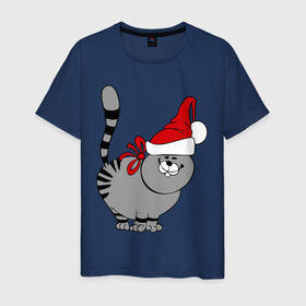 Мужская футболка хлопок с принтом Кот в шапке , 100% хлопок | прямой крой, круглый вырез горловины, длина до линии бедер, слегка спущенное плечо. | киса | колпак | кот | кот в шапке | кошка | новый год | шапка