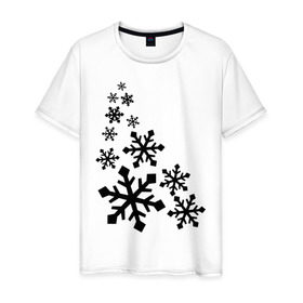 Мужская футболка хлопок с принтом Снежинки , 100% хлопок | прямой крой, круглый вырез горловины, длина до линии бедер, слегка спущенное плечо. | зима | снег | снегопад | снежинка | снежинки