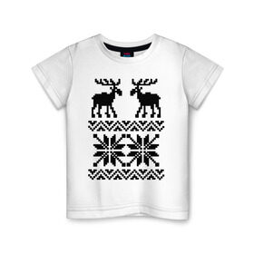 Детская футболка хлопок с принтом Свитер с оленями , 100% хлопок | круглый вырез горловины, полуприлегающий силуэт, длина до линии бедер | Тематика изображения на принте: олени | олень | свитер | свитер с оленями | снежинка | узор | узоры