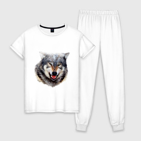 Женская пижама хлопок с принтом Волк , 100% хлопок | брюки и футболка прямого кроя, без карманов, на брюках мягкая резинка на поясе и по низу штанин | animals | mountain | wolf | волк | животные | прикольные картинки