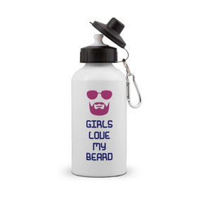 Бутылка спортивная с принтом girls love my beard , металл | емкость — 500 мл, в комплекте две пластиковые крышки и карабин для крепления | борода
