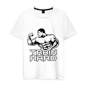 Мужская футболка хлопок с принтом Train hard (тренируйся усердно) , 100% хлопок | прямой крой, круглый вырез горловины, длина до линии бедер, слегка спущенное плечо. | Тематика изображения на принте: 