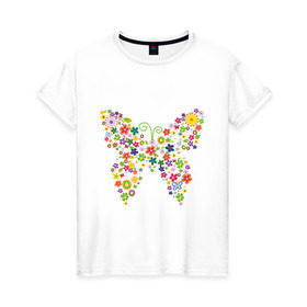 Женская футболка хлопок с принтом Бабочка из цветов , 100% хлопок | прямой крой, круглый вырез горловины, длина до линии бедер, слегка спущенное плечо | бабочка | цветочек